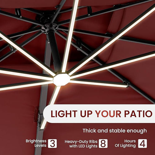 10 X 13 FT Cantilever Patio Umbrella with Led Lights and Base Included Outdoor Heavy Duty Double Top Rectangle Offset Umbrellas with 360-degree Rotation for Pool Deck Backyard, Wine Red