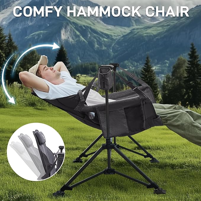 EVER ADVANCED Padded Hammock Camping Chair, Oversized Heavy Duty Swing Chair with Detachable Cup Holder, Portable Folding Rocking Camping Chair, Support Up to 400lbs