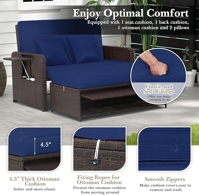 Tangkula Patio Rattan Daybed with 4-Level Adjustable Backrest, Outdoor PE Wicker Loveseat with Storage Ottoman & Folding Side Tray, Double Sunbed Lounger for Balcony, Backyard & Poolside, Navy & Brown