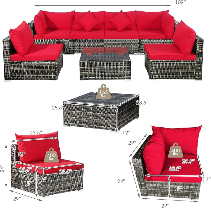 Tangkula 7 Pieces Wicker Patio Furniture Set, All-Weather Outdoor Rattan Sectional Sofa Set with Cushions & Tempered Glass Coffee Table, Outside Sofa Set for Garden, Lawn, Deck, Backyard (Red)