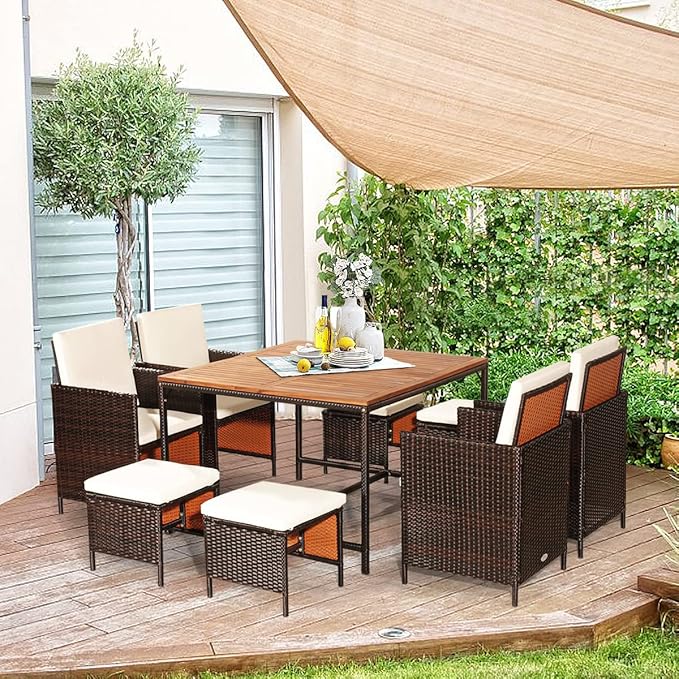 Tangkula 9 Pieces Patio Acacia Wood Table and Chairs Set with Umbrella Hole, Outdoor Space Saving Outdoor Dining Set,for Garden,Yard,Poolside