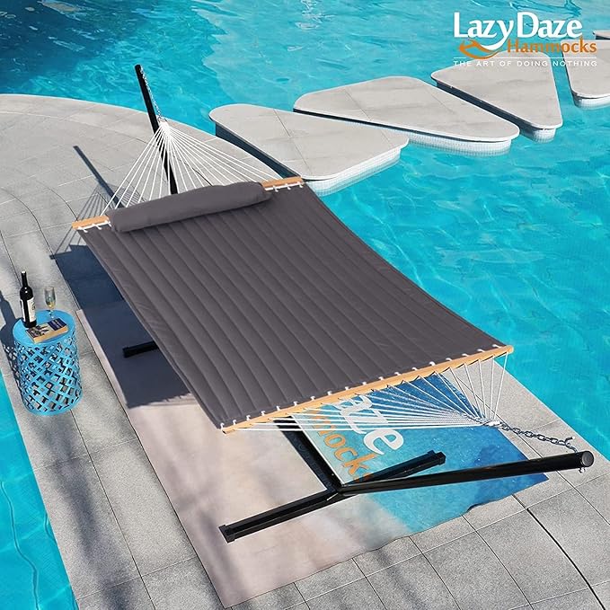 Lazy Daze Hammocks 12 FT Double Quilted Fabric Hammock with Spreader Bar and Detachable Pillow, 2 Person Double for Outside Patio Poolside Backyard Beach, 450lbs Capacity, Gray