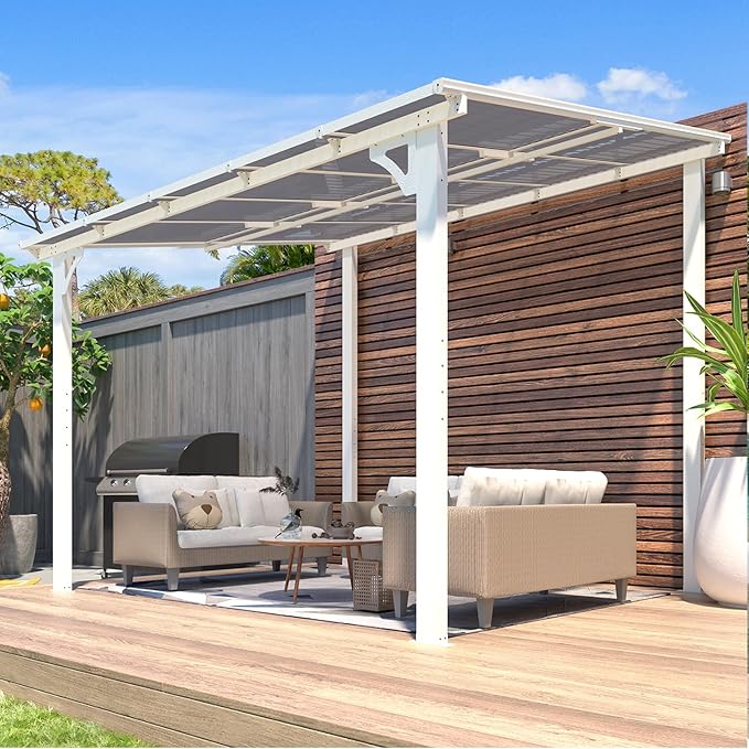 AECOJOY 10' x 8' Pergolas and Gazebos on Clearance in White, Large Wall Mounted Pergola, Outdoor Patio Lean to Gazebo Metal Awnings for Decks,Patio, Porch, Backyard and More