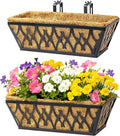2 Pack 16 Inch Window Boxes Planters Railing Planter Box with Adjustable Brackets for Porch Fence Patio Balcony Hanging Flower Baskets with Coco Liners for Outdoor Garden Decor - Black