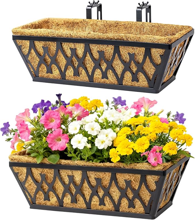 2 Pack 16 Inch Window Boxes Planters Railing Planter Box with Adjustable Brackets for Porch Fence Patio Balcony Hanging Flower Baskets with Coco Liners for Outdoor Garden Decor - Black