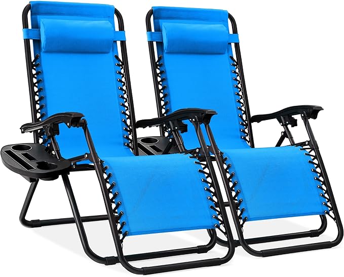 Best Choice Products Set of 2 Adjustable Steel Mesh Zero Gravity Lounge Chair Recliners w/Pillows and Cup Holder Trays - Light Blue