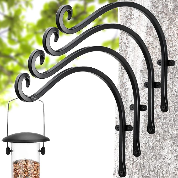 Qiang Ni Bird Feeder Hanger: 12-Inch Wall-Mounted Plant Bracket Outdoor - 4 Pieces Black Plant Hooks for Hanging Flower Baskets