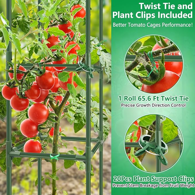 6 Pack Square Tomato Cages, 49.2" Large Upgraded Heavy Duty Steel Tomato Trellis Stakes, Garden Plant Support Cages Kit for Raised Garden Bed, Cucumber Trellis Vegetables and Climbing Plants