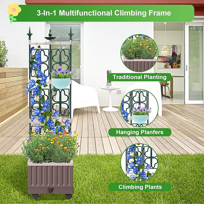 Raised Garden Bed Planter Boxes with Trellis,61.4" Self-Watering Trellis with Planter Box for Climbing Plants Flowers Vegetables with Wheels,Use for Indoor Outdoor