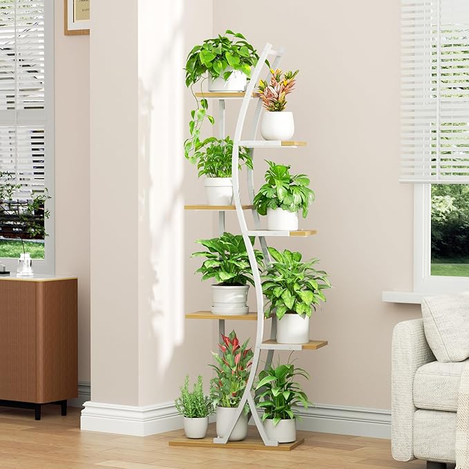62" Plant Stand Indoor with Grow Lights - 7 Tiered Tall Metal Plant Shelf - Corner Wooden Plant Stand for Indoor Plants Multiple, Large S-Shape Flower Rack Holder for Living Room, Garden, Patio Decor