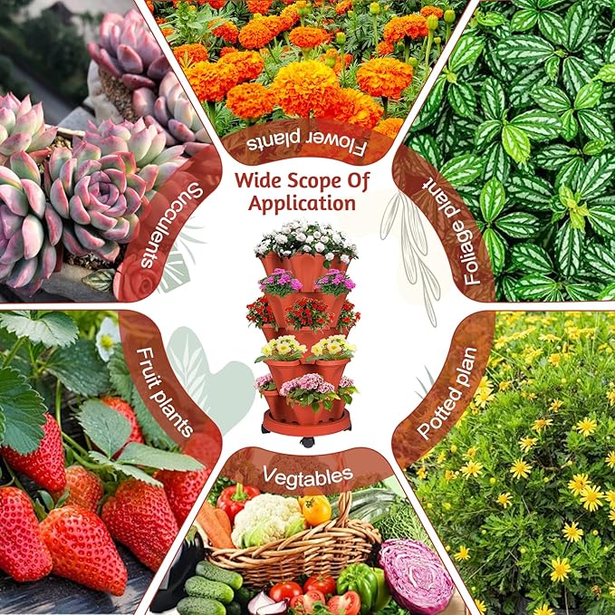 Vertical Strawberry Planter-5 Tier Stackable Herb Tower Planters Stacking Garden Planters Pot Outdoor with Tools Removable Wheels for Growing Flowers, Vegetables and Succulents