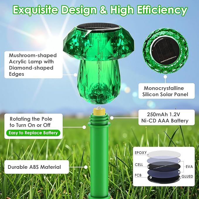 Mancra 8 Pack Solar Garden Lights Outdoor, Green LED Mushroom Solar Pathway Lights Waterproof Dusk to Dawn Solar Lights for Yard Walkway Garden Decor