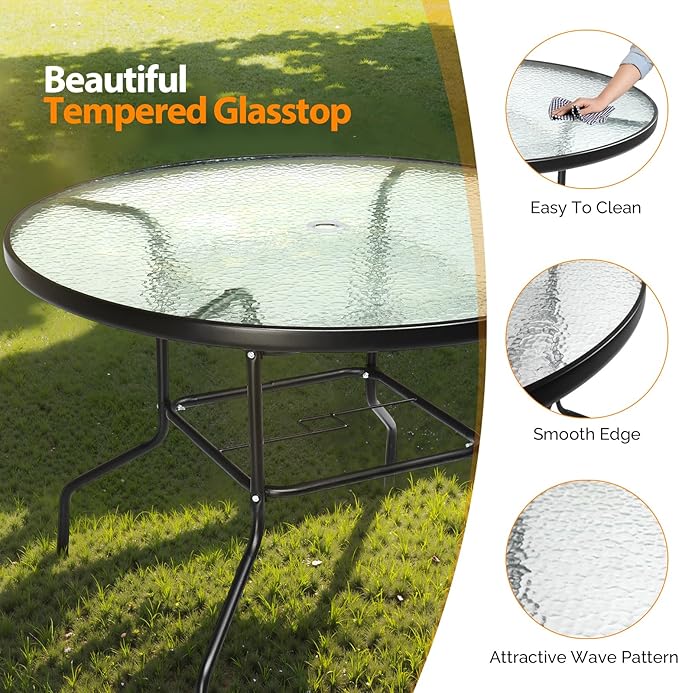 VINGLI Round Patio Table with Umbrella Hole, 40" Outdoor Dining Table Steel Tempered Glass Patio Tables Round Outdoor Tables for Balcony Garden Deck