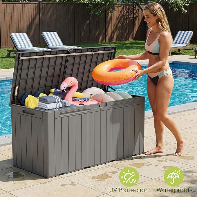 Devoko 100 Gallon Outdoor Storage Box, Waterproof Resin Deck Box for Patio Furniture, Lockable Container for Garden Cushions & Pool Supplies (Light Brown, 100 Gallon)