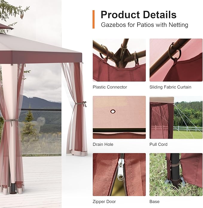 Patio Gazebo Tent Outdoor Canopy Shelter 10'x10' with Removable Netting,100 Square Feet of Shade for Garden, Backyard Deck and Lawns (Red)