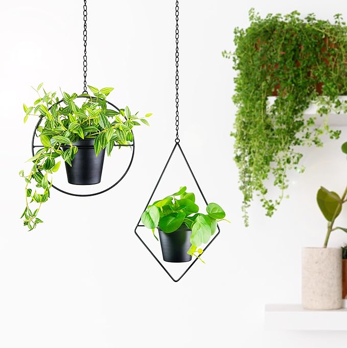 Metal Hanging Planters, Modern Plant Hanger with 5 inch Flower Pot, Set of 2 Black Plant Holder in Diamond and Round Shape, Small Wall and Ceiling Planter for Indoor Plants, Home Décor