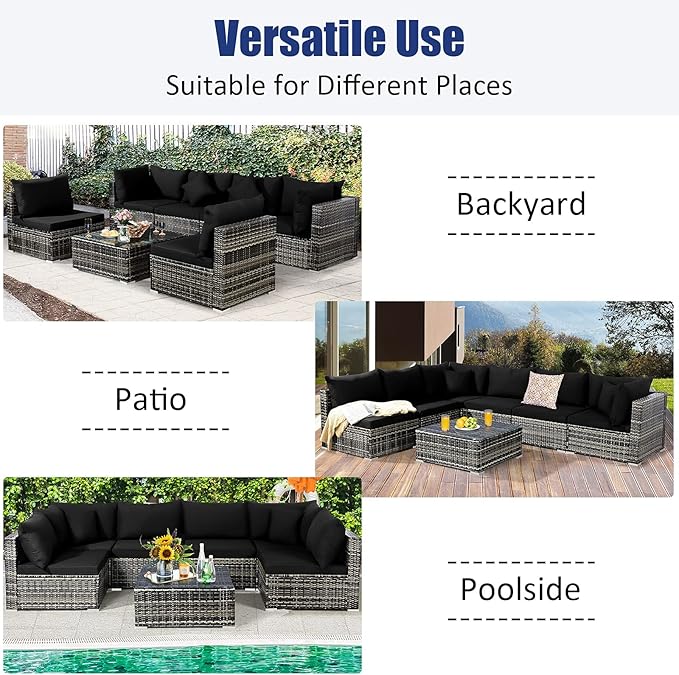 Tangkula 7 Pieces Patio Rattan Furniture Set, Patiojoy Outdoor Conversation Set with Cushions and Tempered Glass Coffee Table, All-Weather Sectional Sofa Set for Garden, Lawn, Backyard (Black)