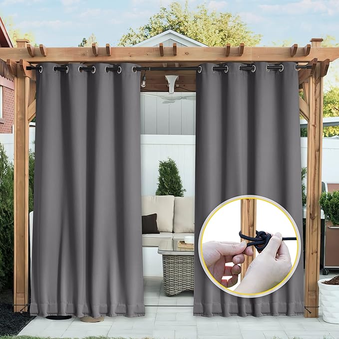 NICETOWN 2 Panels Outdoor Curtains Waterproof Grommet & Back Tab on Top & Bottom, Thermal Insulated Fixed Windproof Blackout Outdoor Drapes Privacy for Patio with Rope for Fixed, W52 x L95, Grey