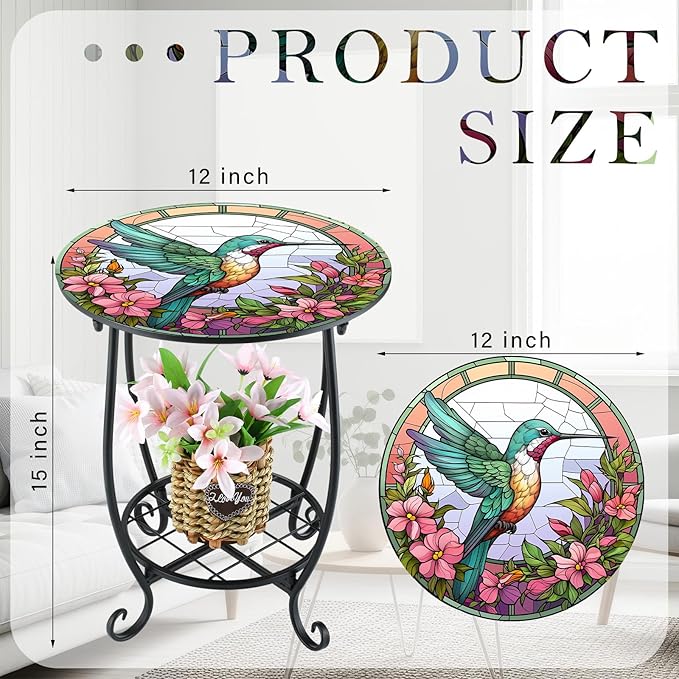 Outdoor Side Table Round Small Mosaic Patio Accent Indoor End Plant Coffee Tea Table for Yard Patio Porch Garden Living Room, Bedroom(Hummingbird Style,12 Inch)
