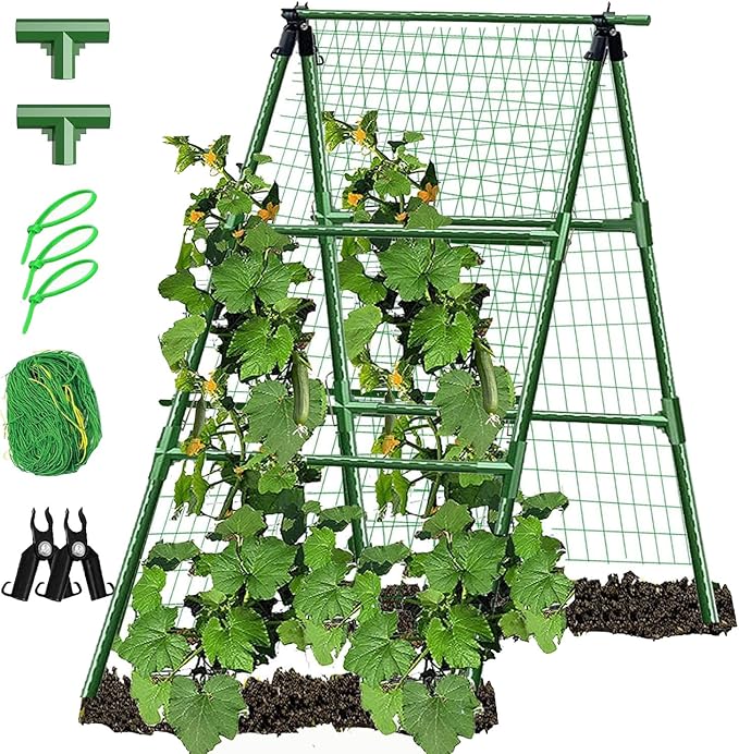 A-Frame Metal Garden Trellis Set for Raised Bed for Climbing Plants Outdoor-Detachable Cucumber Climbing Trellis with Net Clips-Garden for Cucumber Flowers Vegetables