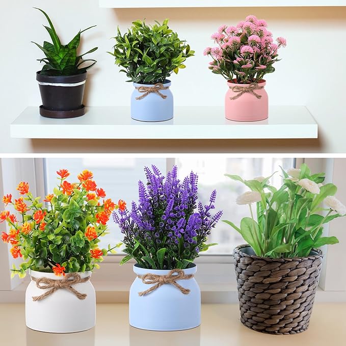 Cindeer 12 Pcs Large Artificial Potted Flowers Fake Potted Plants Plastic Faux Flowers for Home Decor Indoor Artificial Plants in Pots for Wedding Home Desk Tabletop Outdoor Office Kitchen (Vintage)