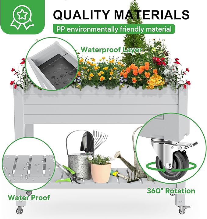 Raised Garden Bed with Legs, 33.66" Tall Self-Watering Resin Planter Box with Lockable Wheels Drainage Plug and Gauge for Vegetables, Flowers, Storage Shelf for Tools and Accessories (Ashen)