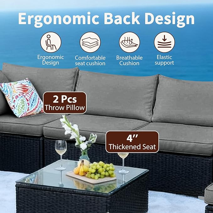 7 Pieces Patio Furniture Set - All-Weather Outdoor Wicker Sectional Conversation Sofa, Rattan Patio Seating Sofa Set with Cushion and Glass Table for Porch Poolside, Black/Grey