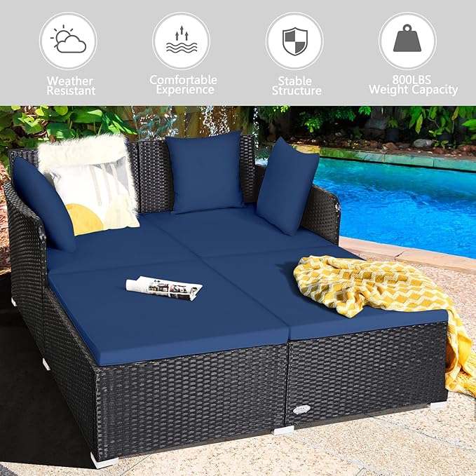 COSTWAY Outdoor Patio Rattan Daybed, Sponge Cushioned Loveseat Sofa with 4 Pillows, Wicker Furniture Sunbed for Balcony, Courtyard (Navy Blue)