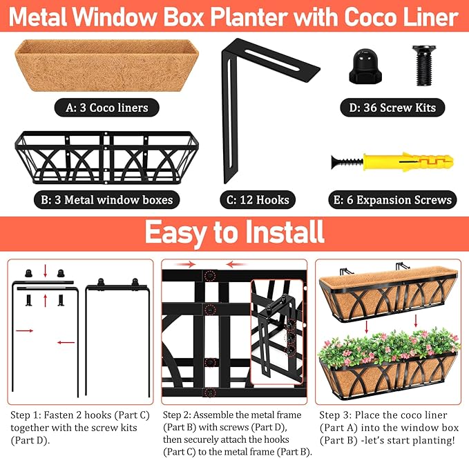 Riare 3 Pack 24 Inch Metal Railing Planter Window Box with Coco Liner- Adjustable Window Flower Boxes for Railings, Hanging Rail Planters for Deck, Balcony, Porch, Fence, Indoor Outdoor Plants