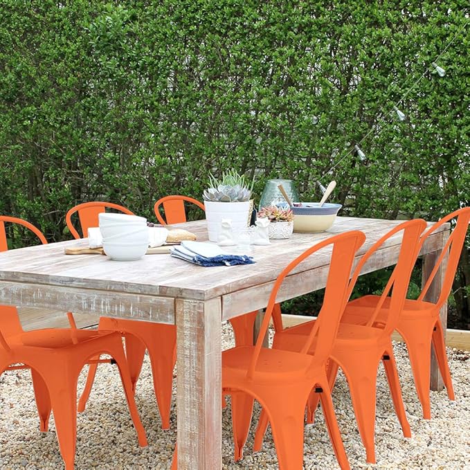 FDW | Set of 4 Metal Dining Chairs | Orange | Stackable Tolix Side Chairs with Backrest | Scratch-Resistant | Non-Slip Feet | Indoor/Outdoor Use | 330 lbs Capacity | Ideal for Kitchen & Restaurant