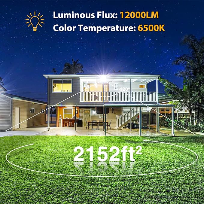 Onforu 120W Flood Lights Outdoor,12000lm White LED Work Light with Plug, 6500K Daylight White LED Flood Lighting, IP66 Waterproof Security Yard Lights for Yard Garage Stadium 2 Pack