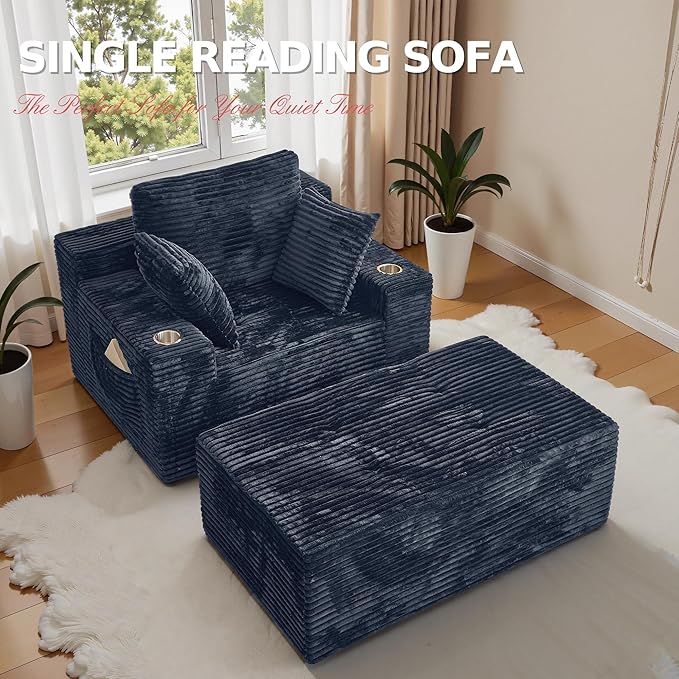 CHORRO67 Chaise Lounge Chair Indoor,Oversized Boneless Single Sleeeper Couch Bed,Corduroy Cloud Sofa with 3 Soft Pillows for Livingroom,Bedroom,No Assembly (Grey)
