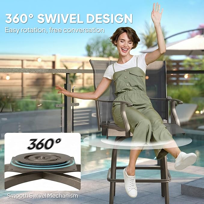 Outsunny Set of 2 Outdoor Swivel Bar Stools with Armrests, Bar Height Patio Chairs with Steel Frame for Balcony, Poolside, Backyard, Black