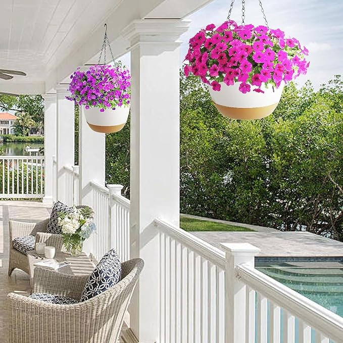 2 Pack Hanging Planters Set,10 Inch Indoor Outdoor Hanging Plant Pot Basket,Hanging Flower Pot with Drainage Hole with 3 Hooks for Garden Home(Purple Hanger White Planters)