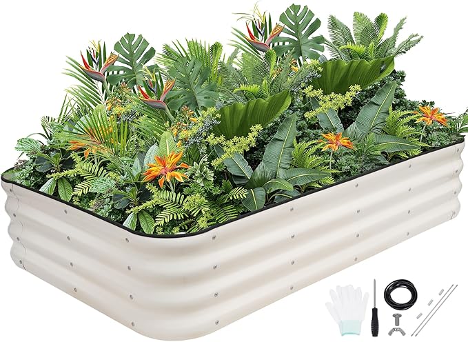 G GOOD GAIN 4-in-1 Adjustable Raised Garden Bed Kit | Galvanized Planter Boxes for Vegetables, Flowers | 12" Tall, Multiple Sizes (5x3x1ft, 4x4x1ft, 6x2x1ft, 7x1x1ft) | Outdoor Metal Raised Bed, White