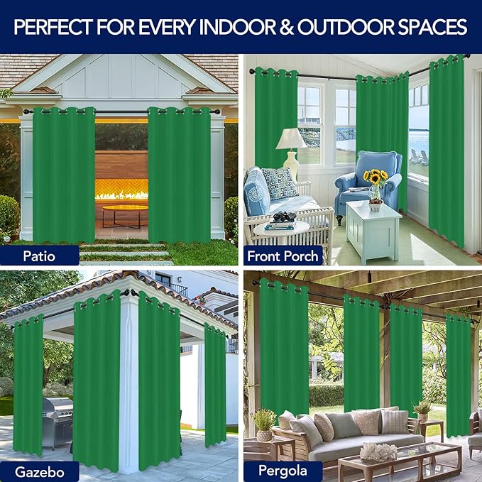 PureFit Outdoor Curtains for Patio Waterproof Weatherproof, UV Resistant Outside Curtains for Gazebo, Front Porch, Pergola, Sun Blocking Privacy Curtain, 52W x 84L inch, 1 Panel, Green