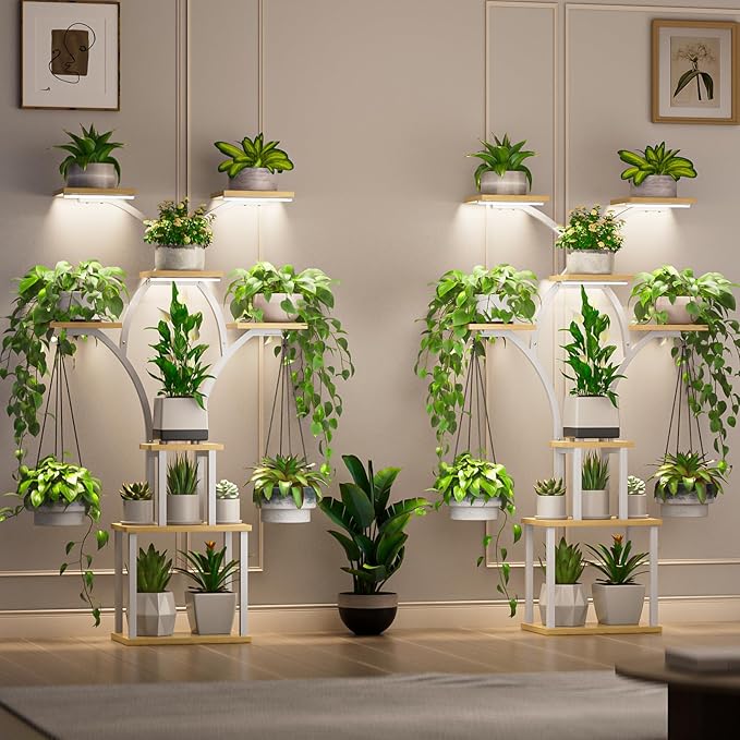 Elbourn Plant Stand Indoor with Grow Lights - 60" Tall Metal Plant Shelf for Multiple Plants, 8 Tiered Corner Plant Stands for Indoor Plants, X - Shaped Decorative Rack for Home, Living Room & Patio Decor (White)