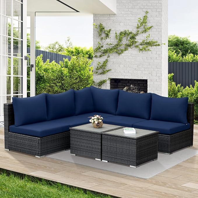 NICESOUL 7 Piece High-End Outdoor Furniture Sofa Set, 29.3'' High Back XL Large Grey Wicker Patio Modular Sectional with Side Tables, All-Weather Couches for Backyard Deck, 2 Color Cushion Navy & Grey