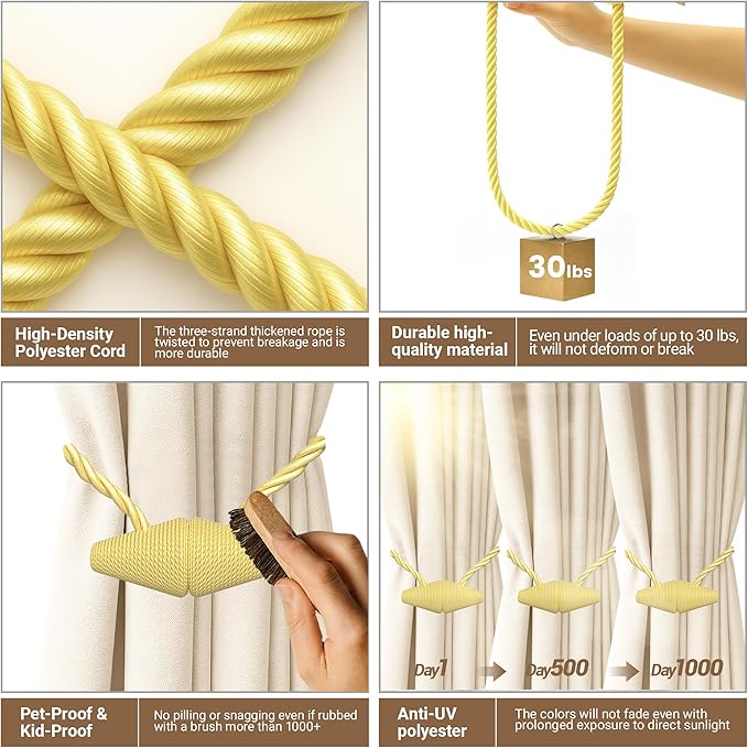 Hion Magnetic Curtain Tiebacks Golden 2pcs, Curtain Tiebacks Buckles Holdbacks Holders Hooks Clip for Home Bedroom Office Decorative Curtain