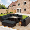 NICESOUL 10 Piece Outdoor Patio Furniture Set with Fire Pit Natural Gas/Propane, 29.3'' High-Back XL Big Size Wicker Sectional Sets, Deep Wide Sofa Couch for Outside, Brown Rattan and Grey Cushion