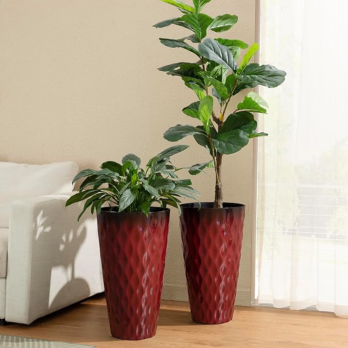 Glitzhome 23.75" H Tall Outdoor Planter, Set of 2 Wavy Texture Red Large Planters for Outdoor Plants, with Drainage Hole, Plastic Round Decorative Tall Flower Pots for Indoor Outdoor, Front Porch