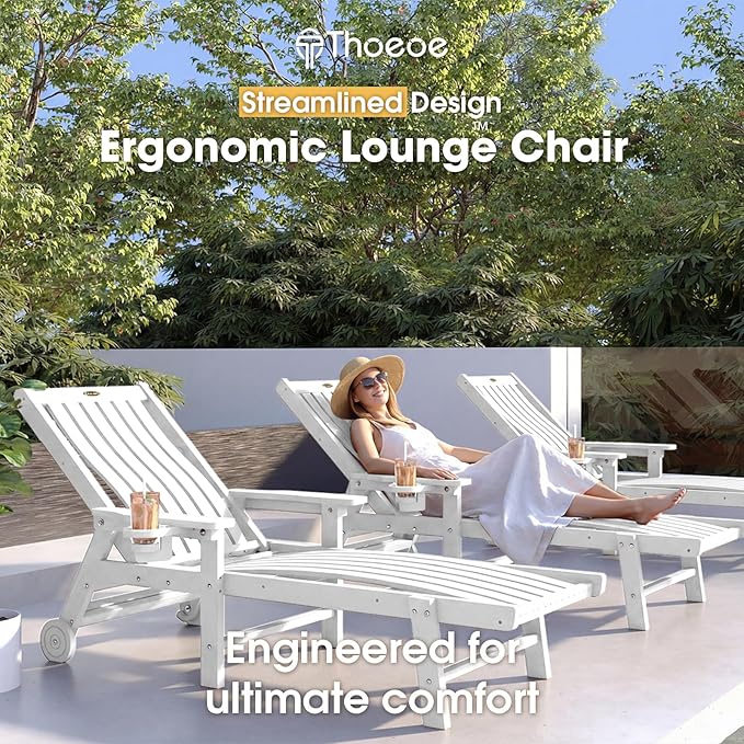 Patio Chaise Lounge Chair Set of 2, Oversized Lounge Chair Outdoor with 5 Positions, HDPE, Patio Lounge Chair with Wheels & Cup Holder for Pool, Deck, Poolside,White