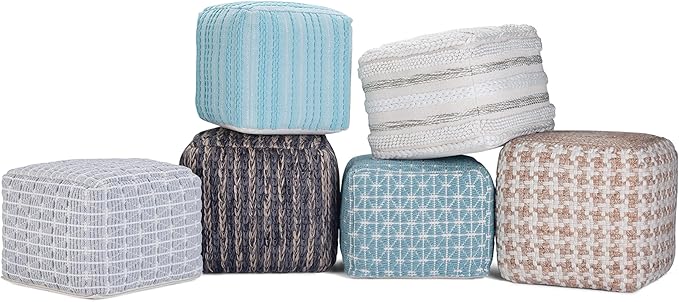 SIMPLIHOME Noreen Square Pouf - 18 inch Wide Upholstered Handwoven Cotton Ottoman in Light Blue and White, Boho Footstool or Extra Seating for Living Room with Polystyrene Filling, Assembled