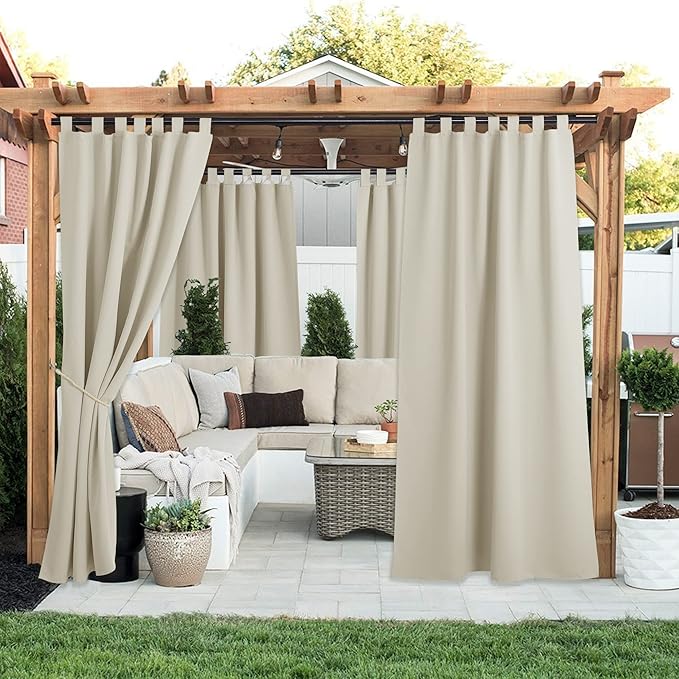 NICETOWN 2 Pieces Outdoor Curtainss Waterproof for Patio Clearance, Room Darkening Sticky Tab Top Thick Light Block Thermal Insulated Outdoor Drapes for Front Porch, Beige, W52 by L95