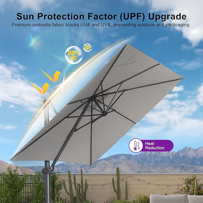 PURPLE LEAF Patio Umbrella 8' X 8' Rectangle Cantilever Umbrella Large Aluminum Outdoor Umbrellas with 360-degree Rotation & UPF40+ Premium Fabric for Deck Pool Garden Yard, Pebble Grey