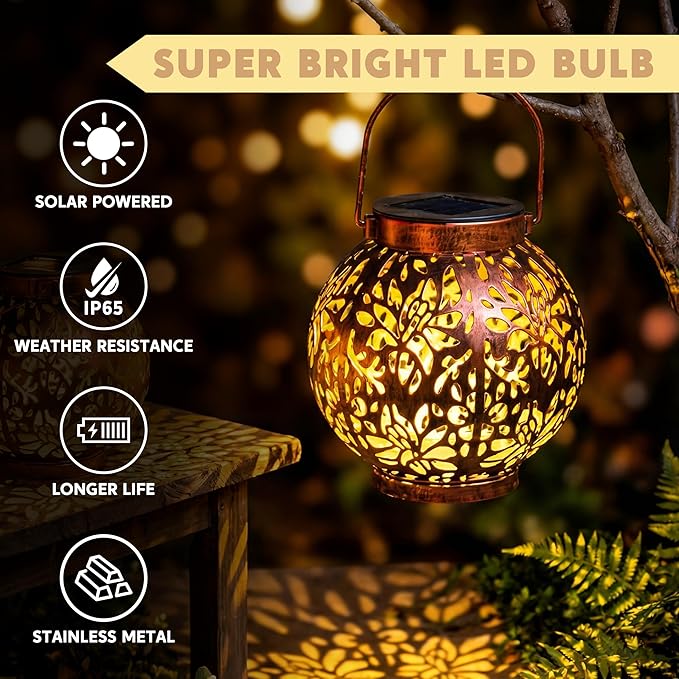 JOIEDOMI 2 Pack Outdoor Solar Hanging Lantern Lights, Waterproof Tabletop with Handle, LED Moroccan Lanterns, Metal Decorative Garden Solar Lights Spring for Patio, Lawn, Porch, Backyard