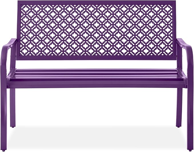 Best Choice Products Outdoor Bench 2-Person Metal Steel Benches Furniture for Garden, Patio, Porch, Entryway w/Geometric Backrest, 790lb Capacity - Dark Purple