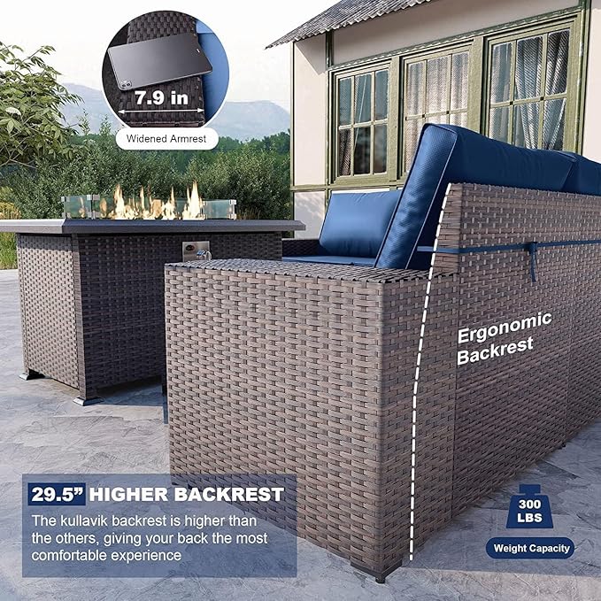 Kullavik 13 Pieces Outdoor Patio Furniture Set with 43" 55000BTU Gas Propane Fire Pit Table PE Wicker Rattan Sectional Sofa Patio Conversation Sets,Navy Blue