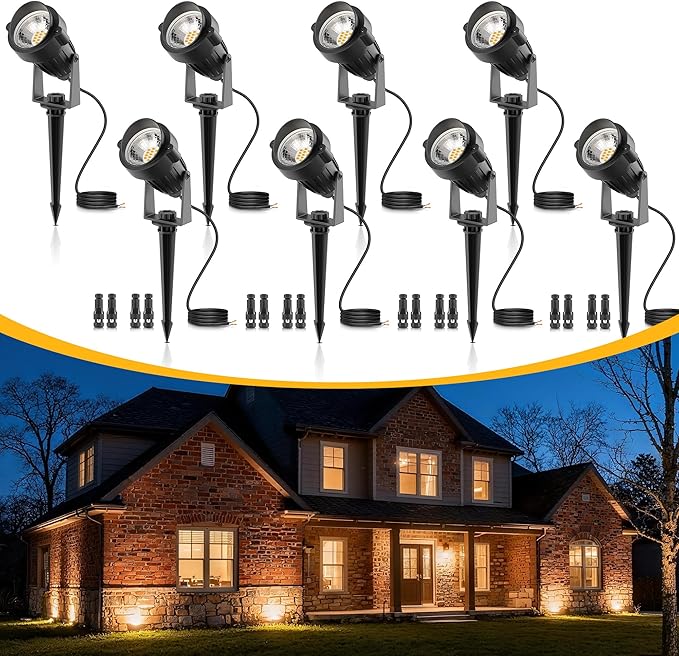 L LOHAS LED 5W Low Voltage Landscape Lighting, Christmas Outdoor Spot Lights with Connectors, 12V 24V IP66 Waterproof 3000K Warm White Plug in Spotlights for Yard, Garden, Pathway, House (8 Pack)