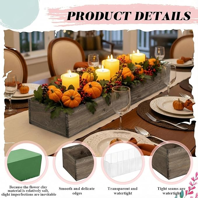 Dandat 1 Set Wood Boxes for Centerpieces 28 x 5 Inch Rectangle Wooden Planter Box Rustic Wooden Planters with Removable Plastic Liner Floral Foam Blocks for Christmas Wedding Home Garden Decor(Brown)